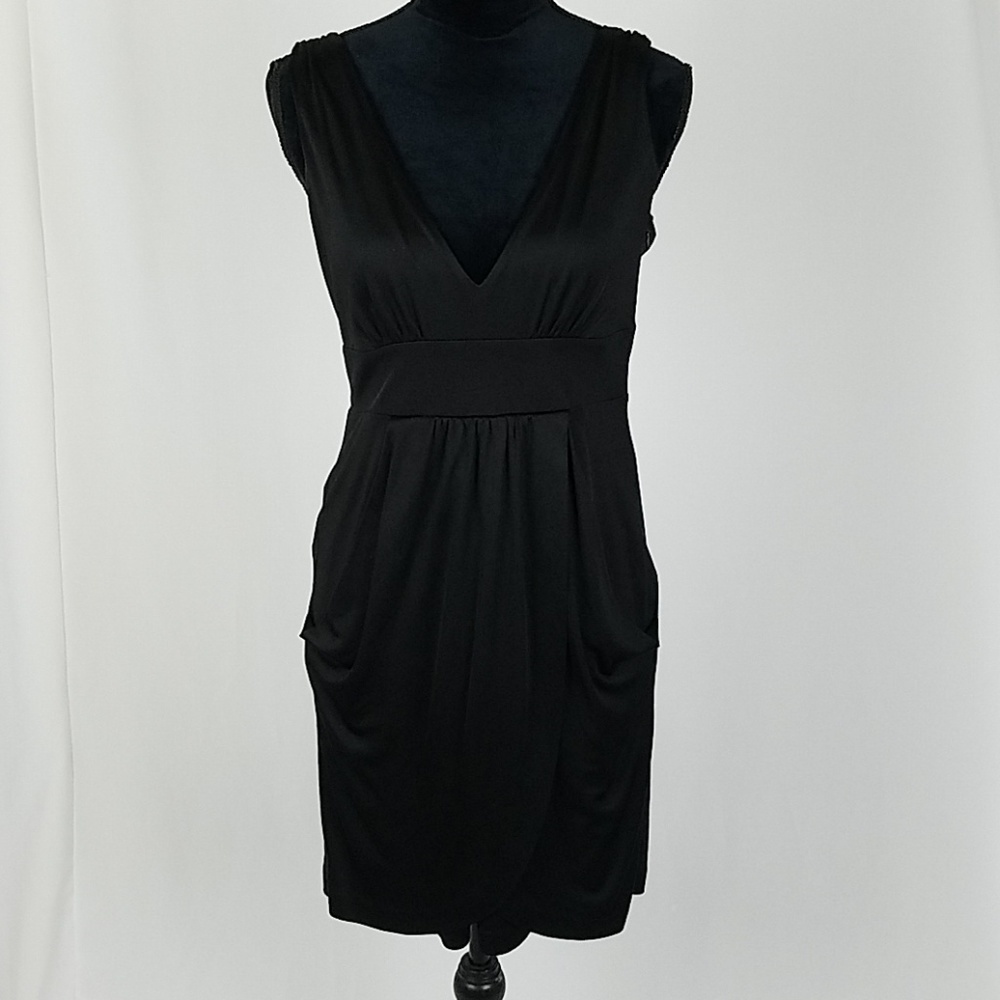 Tibi women S‎ black silk sleeveless V-Neck drape front cocktail dress whimsigoth